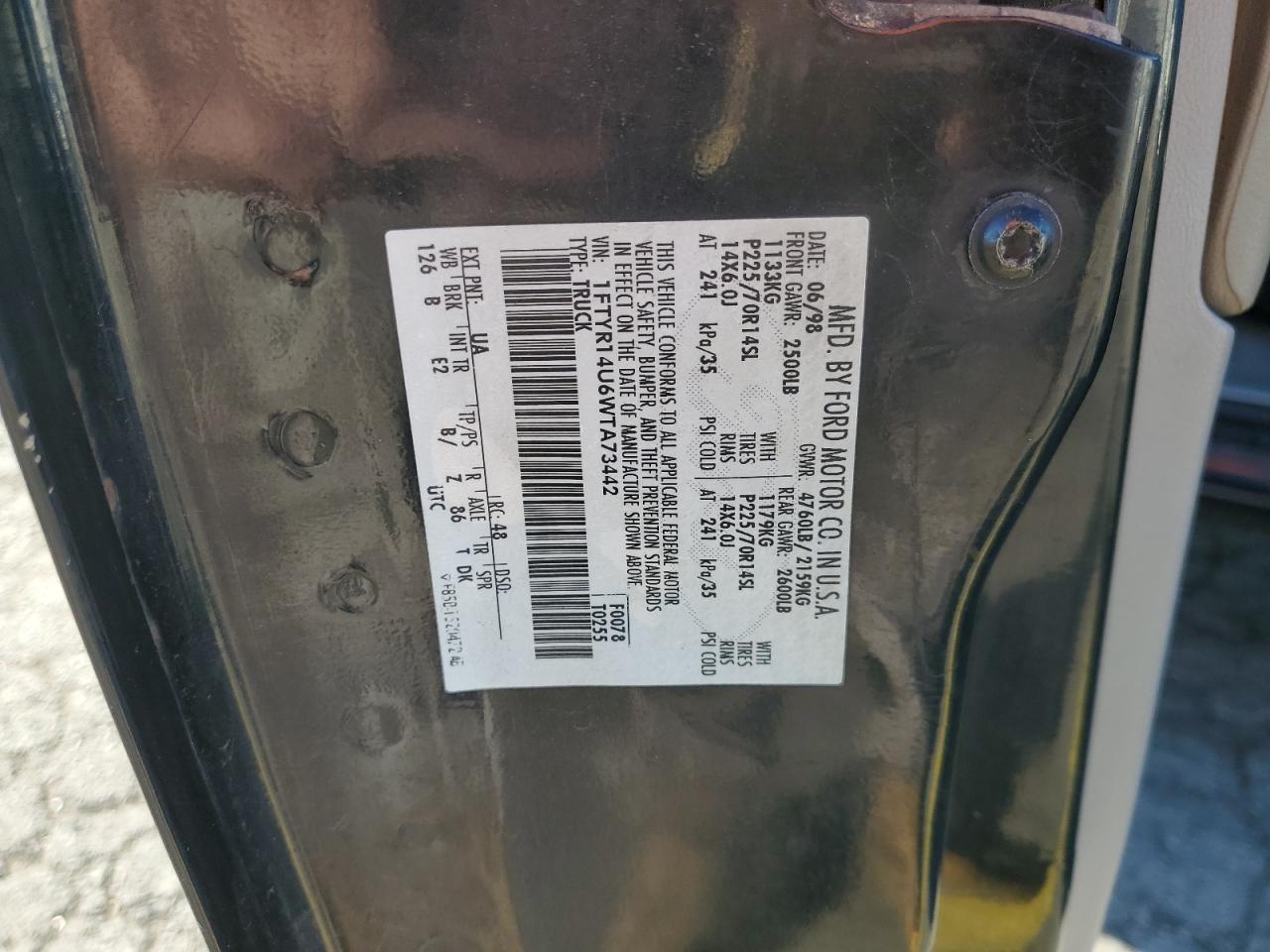 1998 Ford Ranger Super Cab VIN: 1FTYR14U6WTA73442 Lot: 92579075