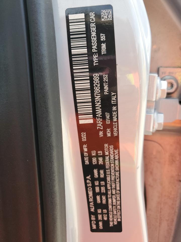 2022 Alfa Romeo Giulia VIN: ZARFAMAN3N7662989 Lot: 91360545