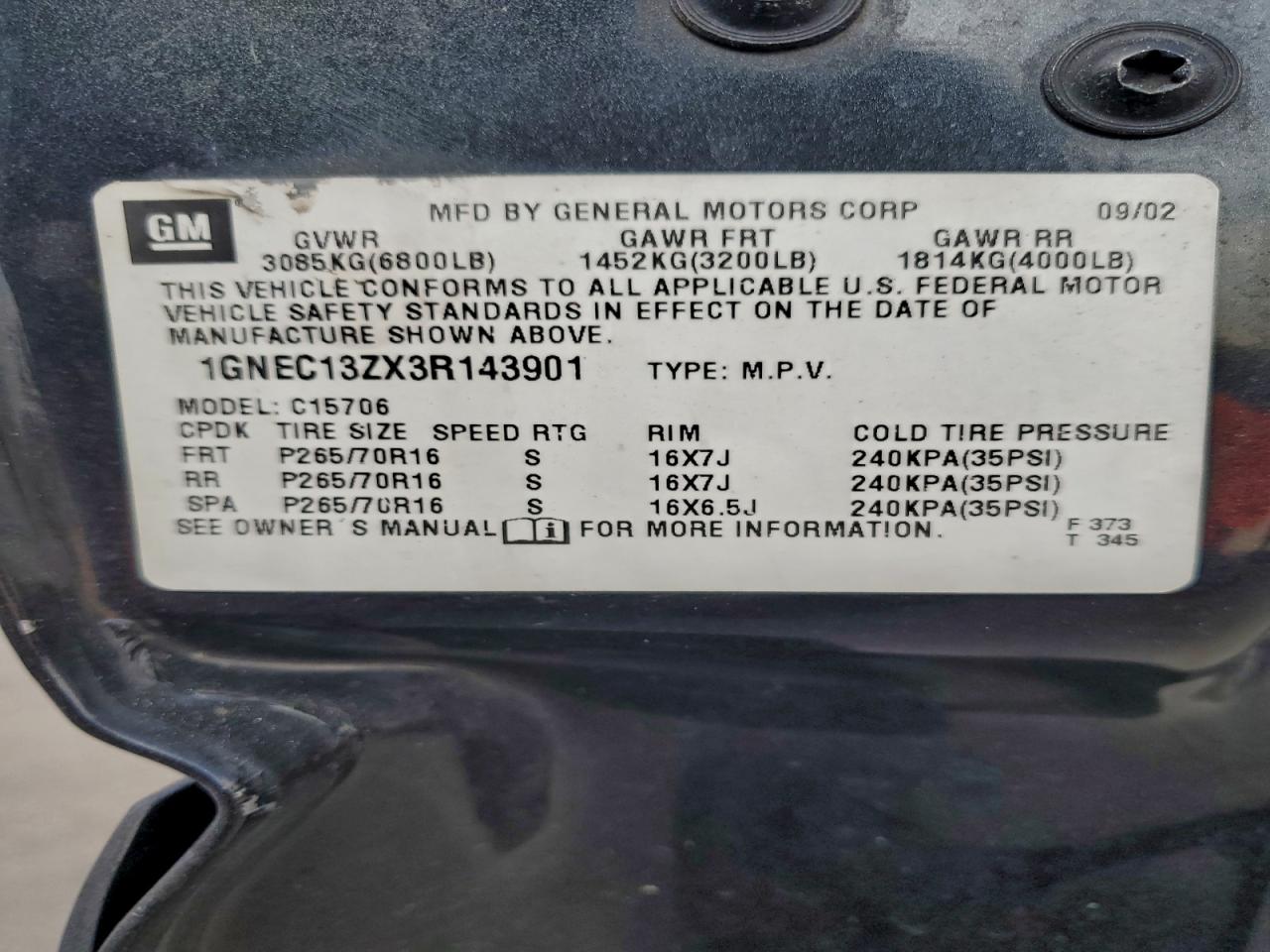 2003 Chevrolet Tahoe C1500 VIN: 1GNEC13ZX3R143901 Lot: 93479645