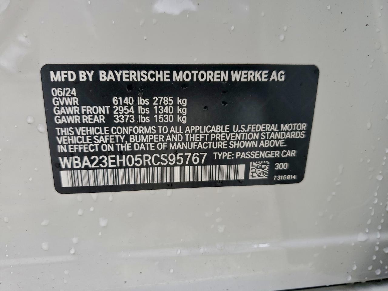 2024 BMW 740 I VIN: WBA23EH05RCS95767 Lot: 94038995