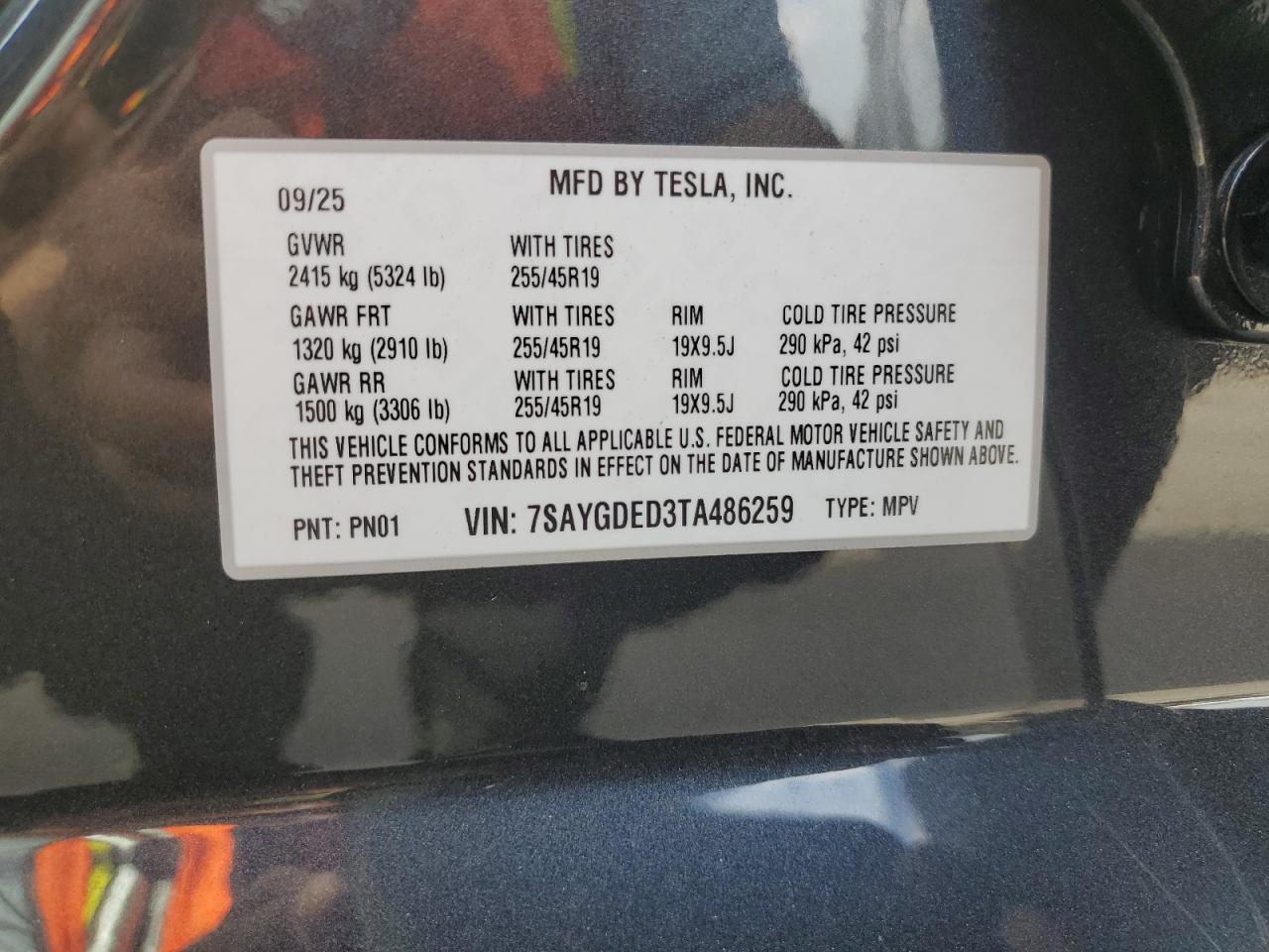 2026 Tesla Model Y VIN: 7SAYGDED3TA486259 Lot: 91719515