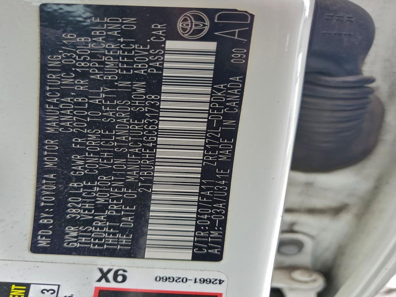 2016 Toyota Corolla L VIN: 2T1BURHE4GC631738 Lot: 93954185