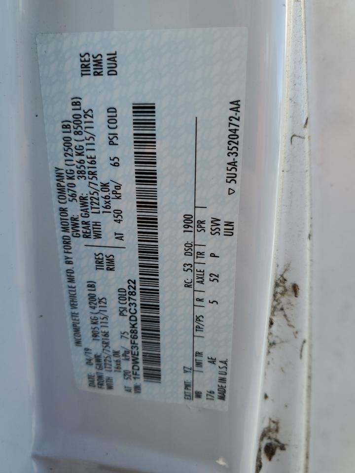 2019 Ford Econoline E350 Super Duty Cutaway Van VIN: 1FDWE3F68KDC37822 Lot: 89677785