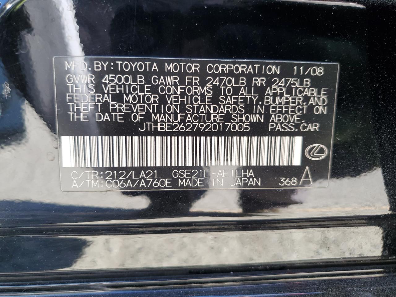 2009 Lexus Is 350 VIN: JTHBE262792017005 Lot: 90754065