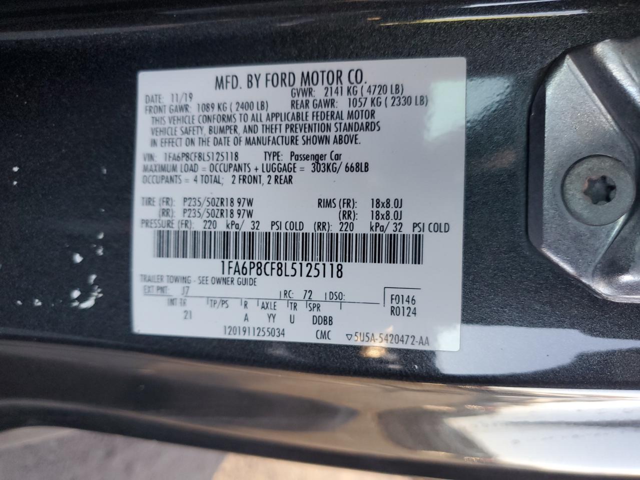 2020 Ford Mustang Gt VIN: 1FA6P8CF8L5125118 Lot: 90753705