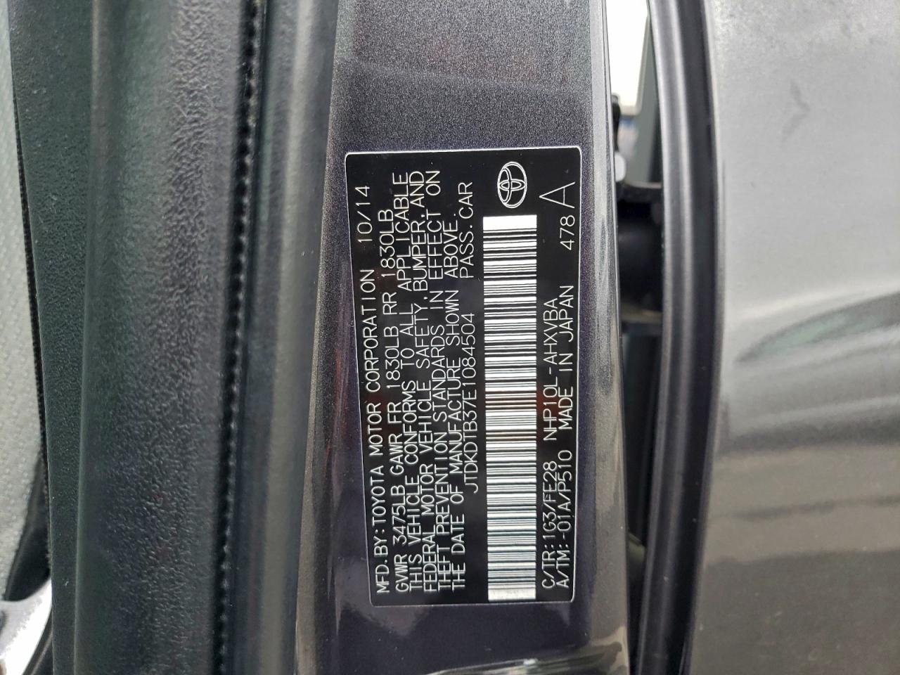 2014 Toyota Prius C VIN: JTDKDTB37E1084504 Lot: 94532235