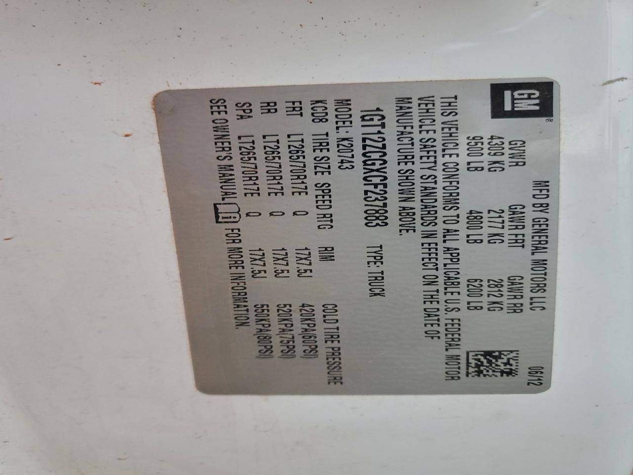 2012 GMC Sierra K2500 Heavy Duty VIN: 1GT12ZCGXCF237883 Lot: 94283905