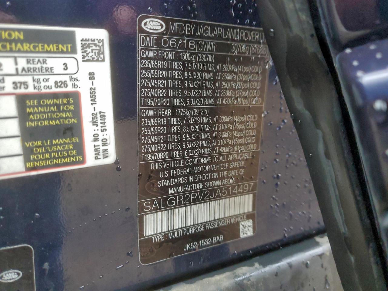 2018 Land Rover Range Rover VIN: SALGR2RV2JA514497 Lot: 94147475