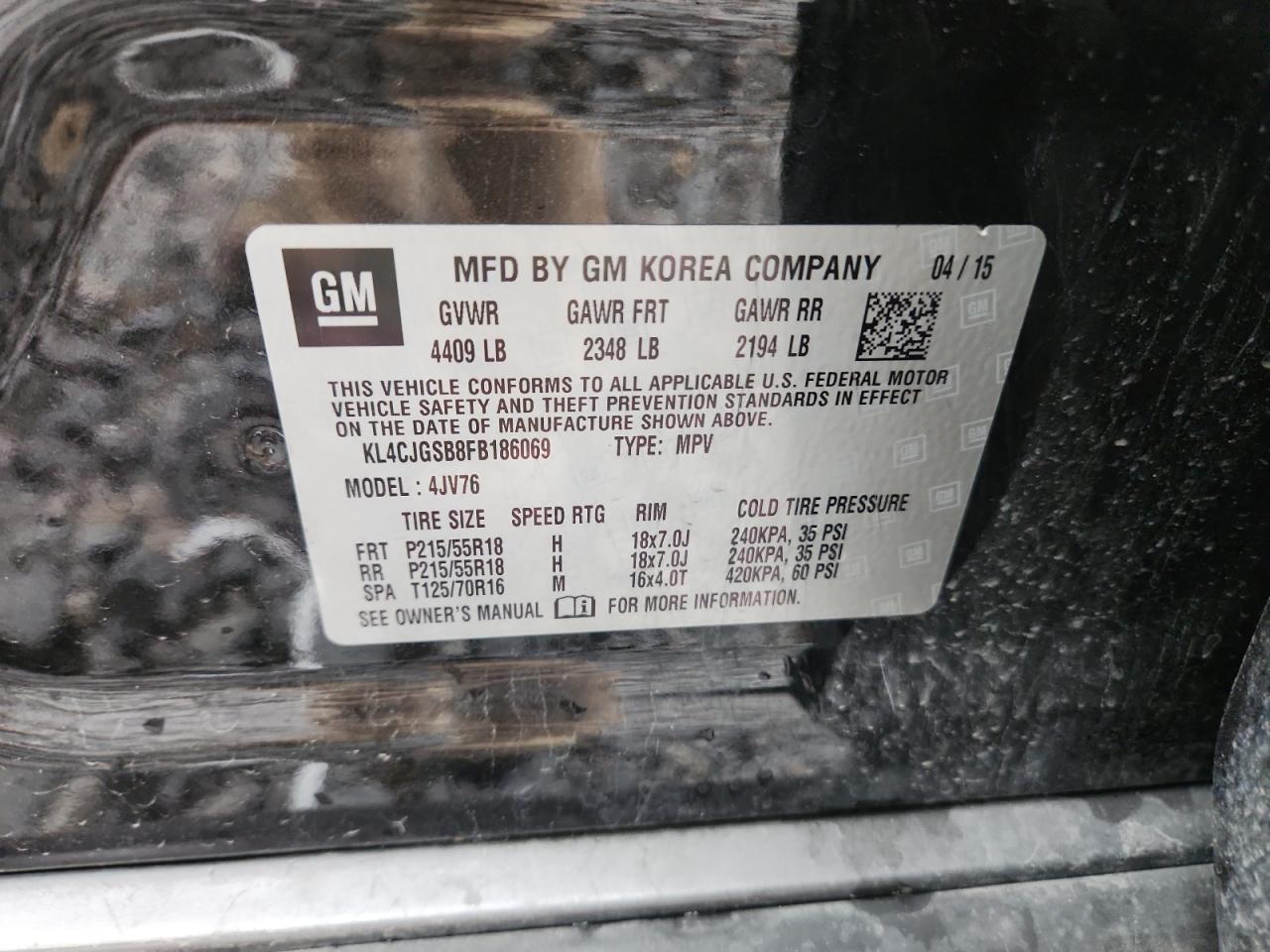 2015 Buick Encore VIN: KL4CJGSB8FB186069 Lot: 93029475