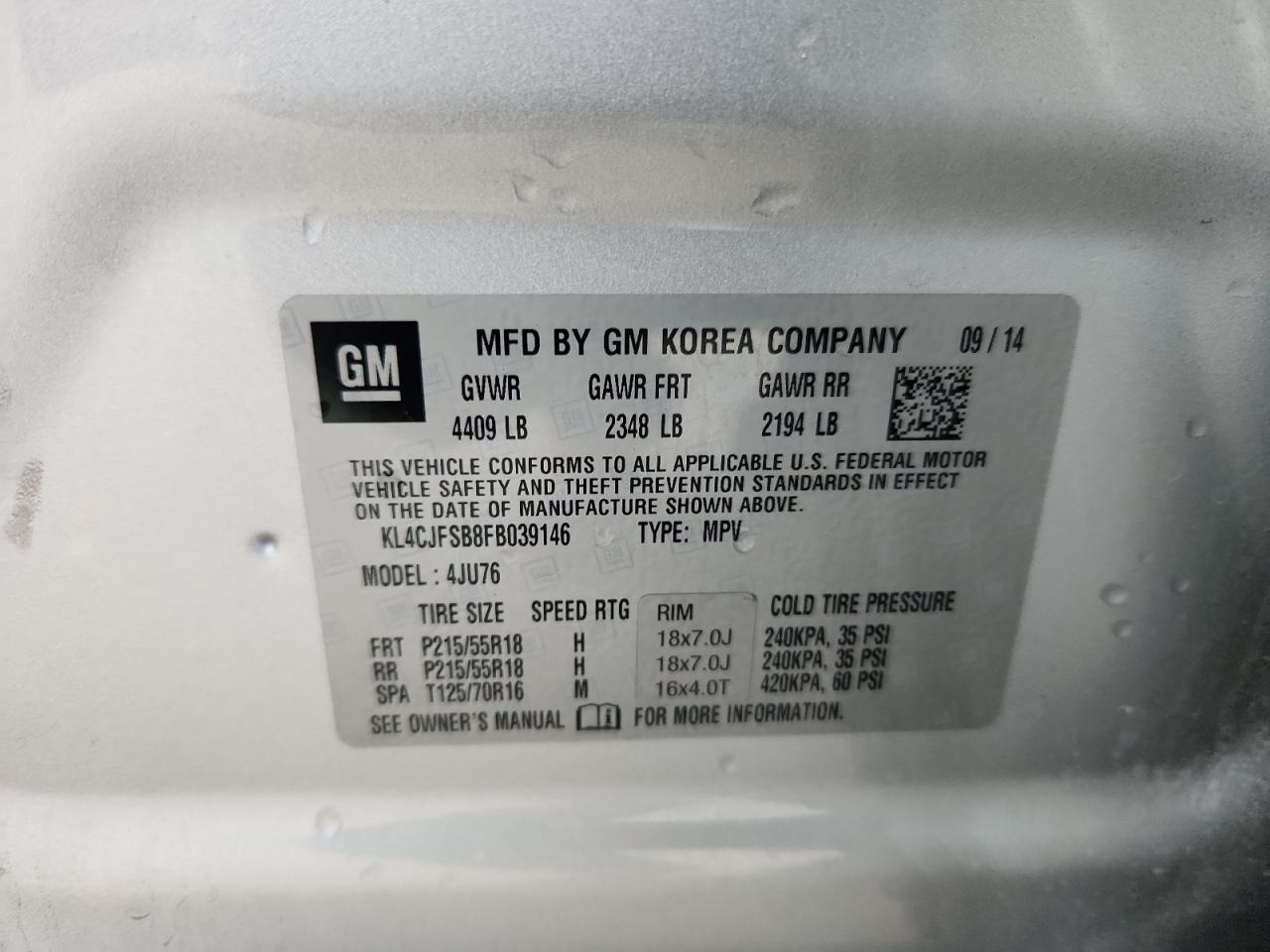 2015 Buick Encore Convenience VIN: KL4CJFSB8FB039146 Lot: 91389205