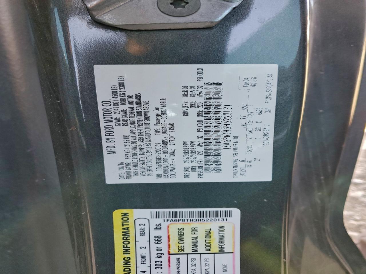 2017 Ford Mustang VIN: 1FA6P8TH3H5220131 Lot: 93964385