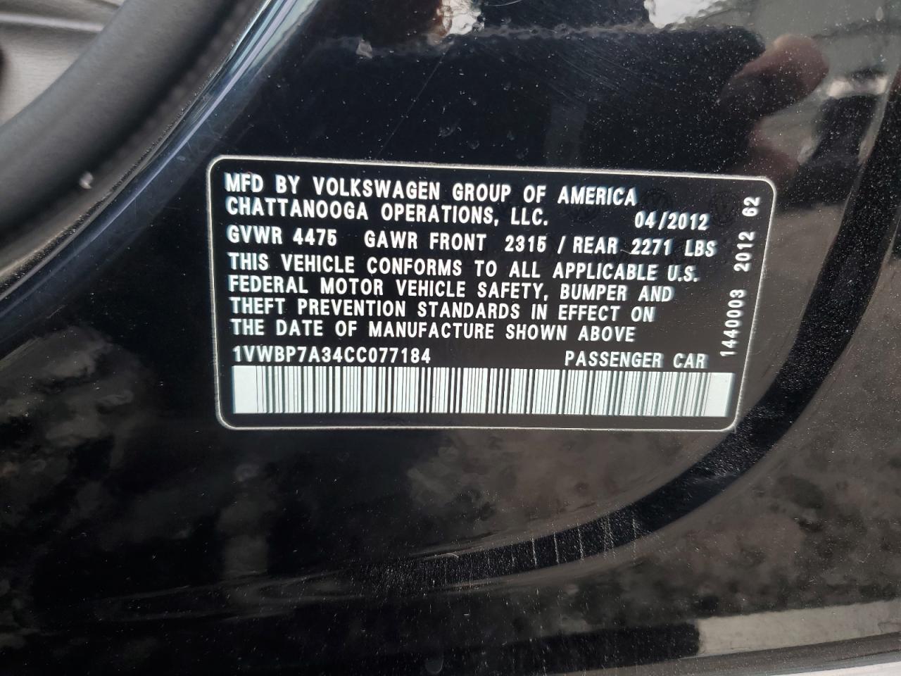 2012 Volkswagen Passat Se VIN: 1VWBP7A34CC077184 Lot: 93979595