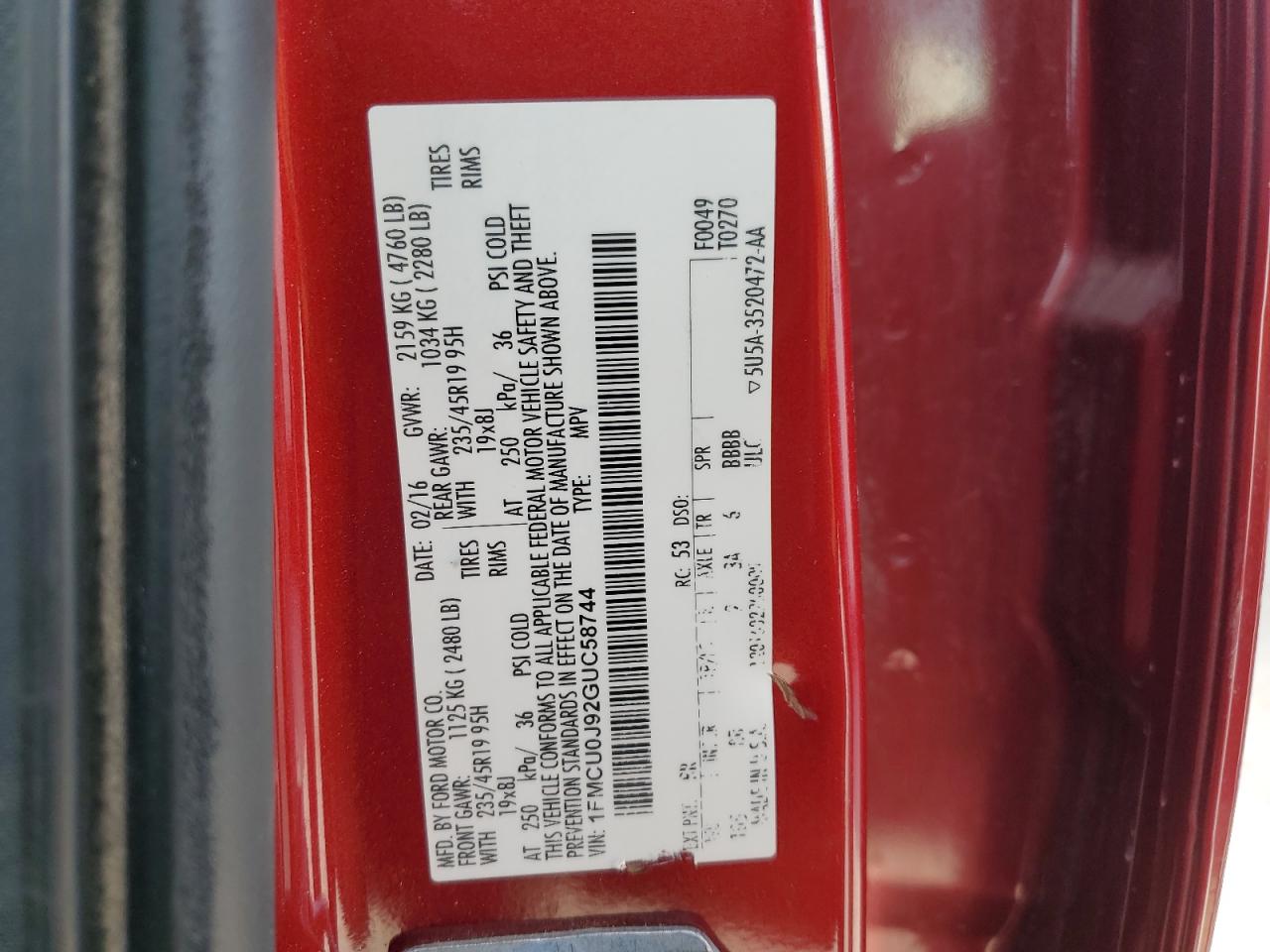 2016 Ford Escape Titanium VIN: 1FMCU0J92GUC58744 Lot: 93008065