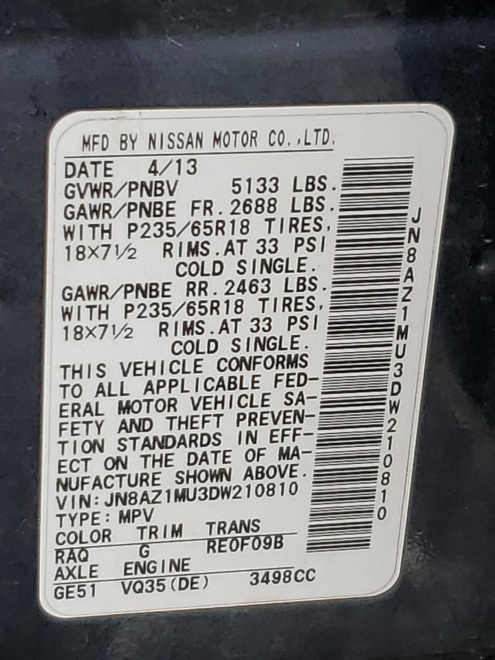 2013 Nissan Murano S VIN: JN8AZ1MU3DW210810 Lot: 93133045