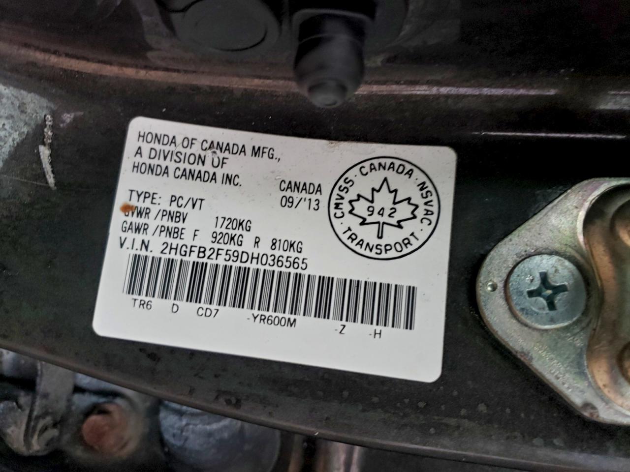 2013 Honda Civic Lx VIN: 2HGFB2F59DH036565 Lot: 94184005