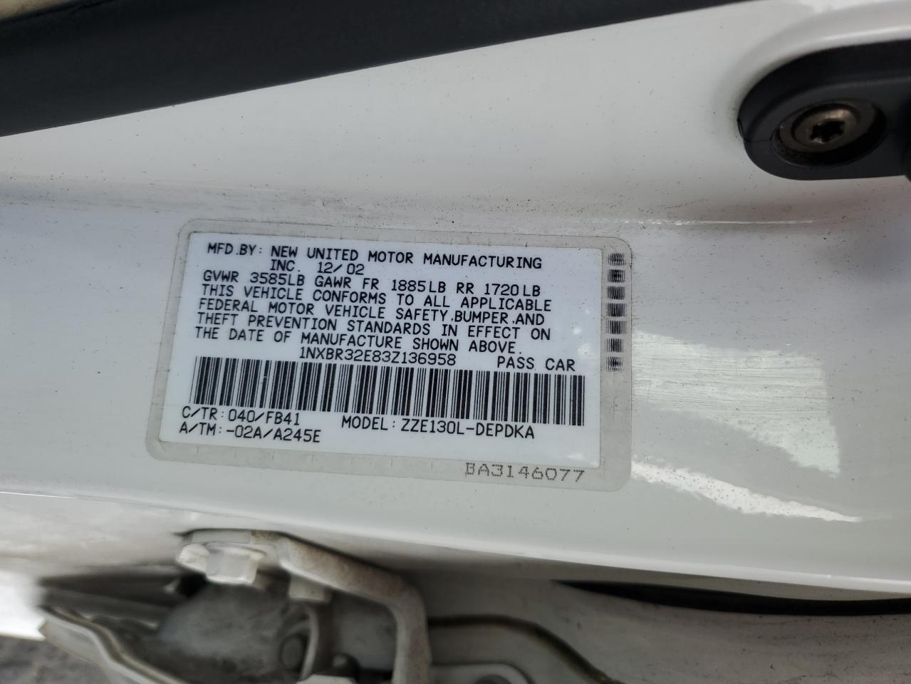 2003 Toyota Corolla Ce VIN: 1NXBR32E83Z136958 Lot: 92939255