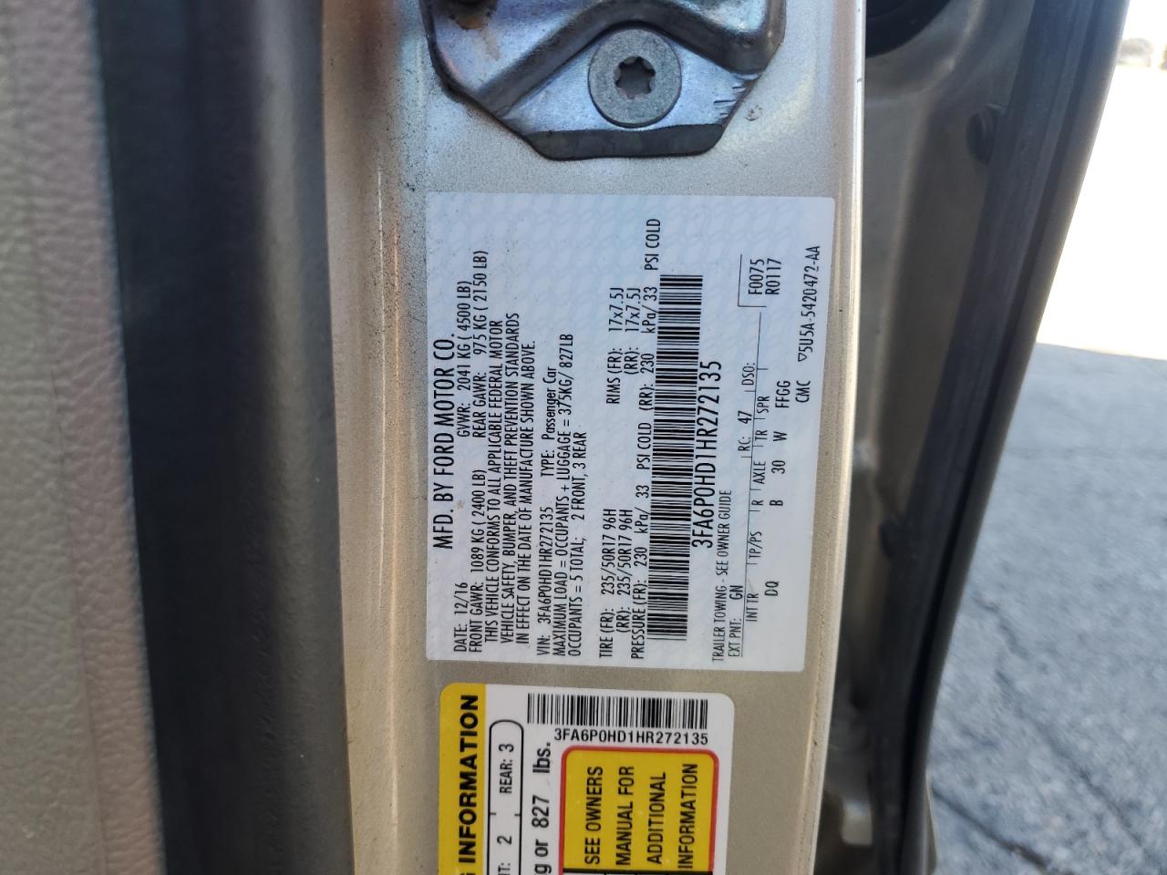 2017 Ford Fusion Se VIN: 3FA6P0HD1HR272135 Lot: 92695295