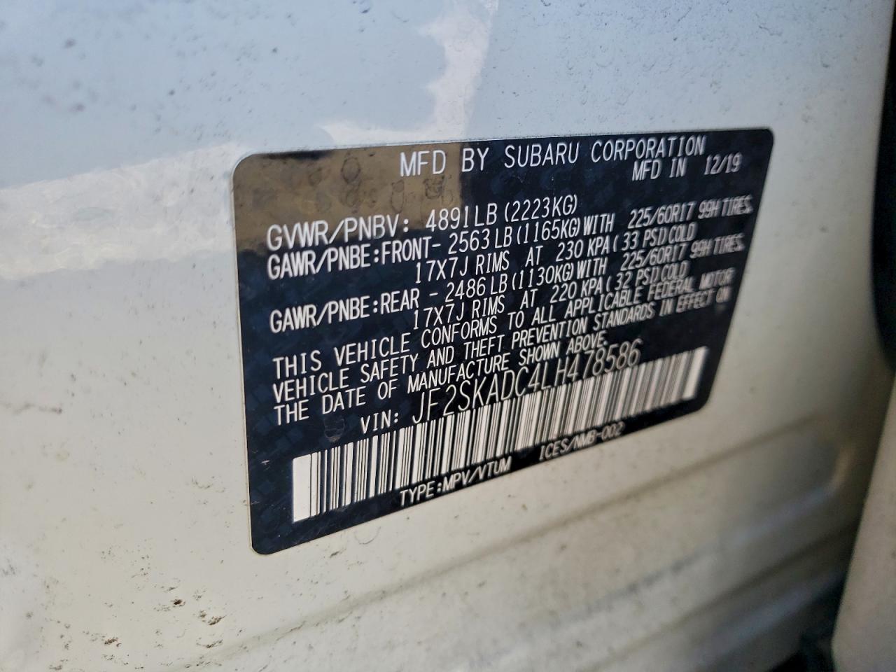 2020 Subaru Forester VIN: JF2SKADC4LH478586 Lot: 93905755