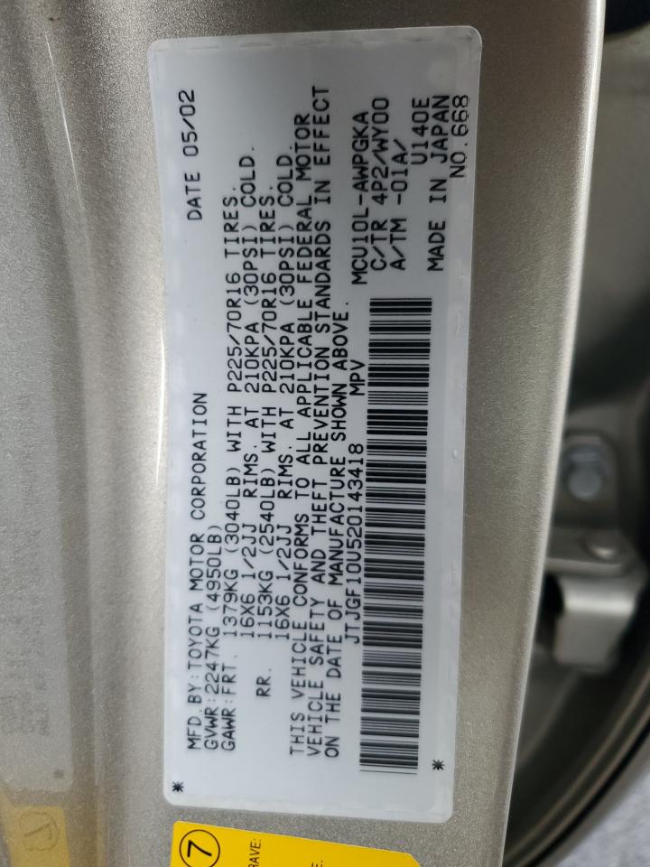 2002 Lexus Rx 300 VIN: JTJGF10U520143418 Lot: 92473655