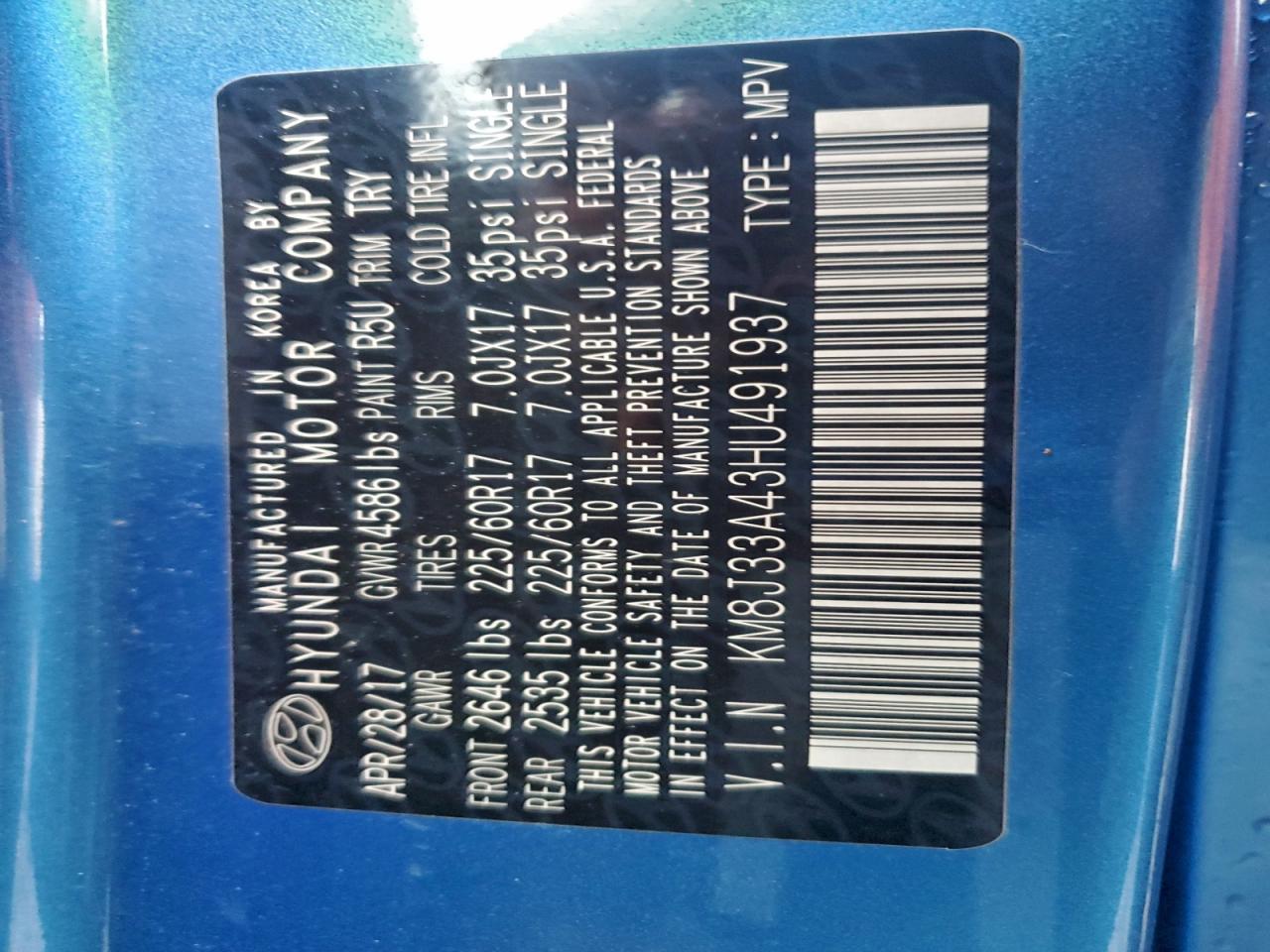 2017 Hyundai Tucson Limited VIN: KM8J33A43HU491937 Lot: 93779765