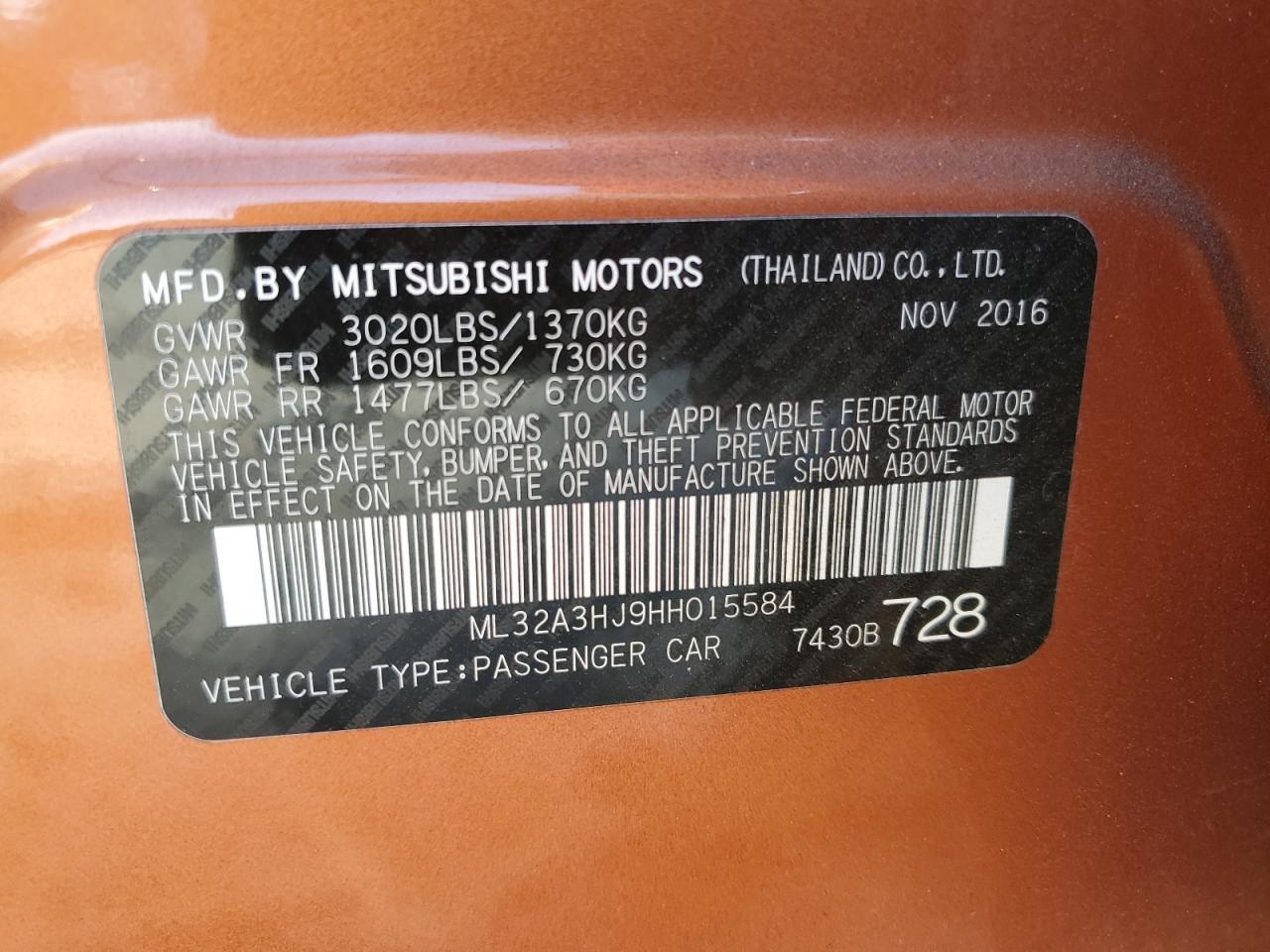 2017 Mitsubishi Mirage Es VIN: ML32A3HJ9HH015584 Lot: 92942605