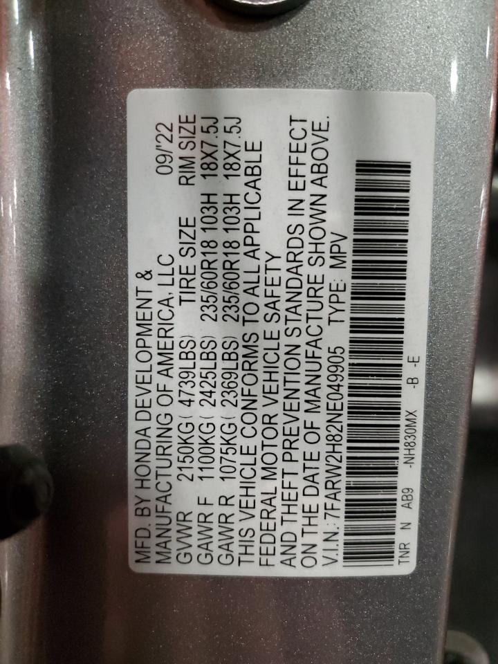 2022 Honda Cr-V Exl VIN: 7FARW2H82NE049905 Lot: 91915155
