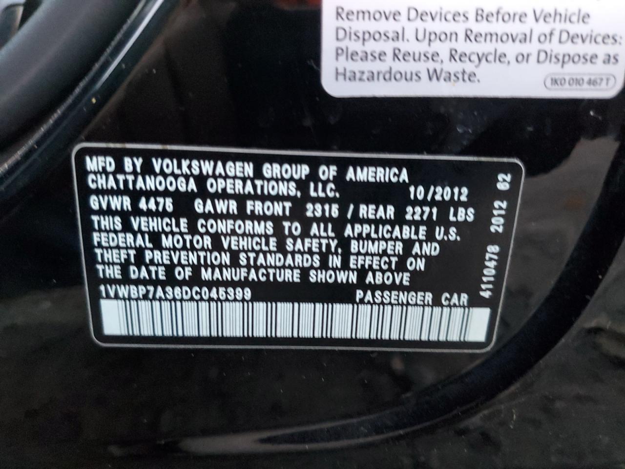 2013 Volkswagen Passat Se VIN: 1VWBP7A36DC045399 Lot: 92981075