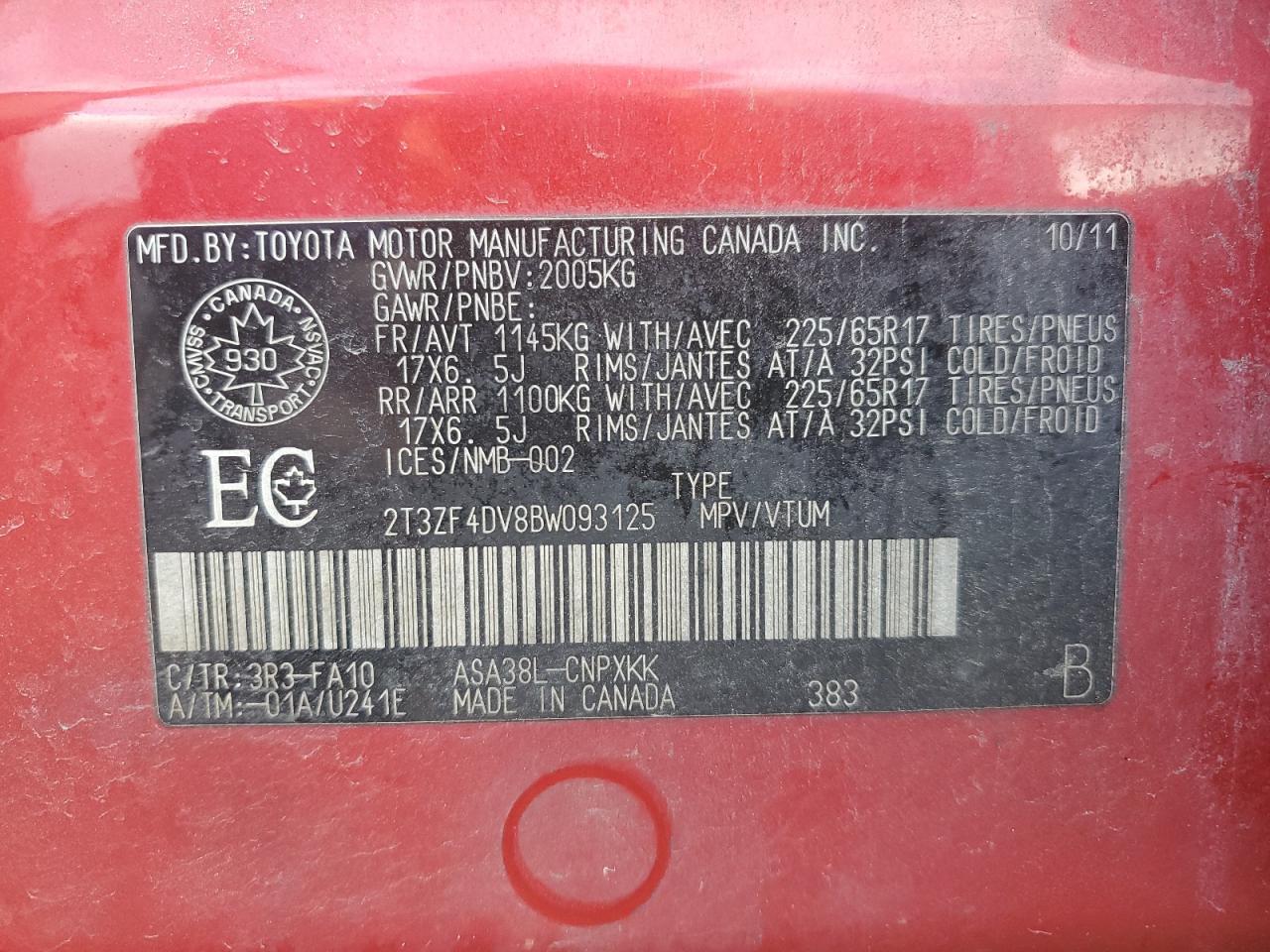 2011 Toyota Rav4 VIN: 2T3ZF4DV8BW093125 Lot: 91315305