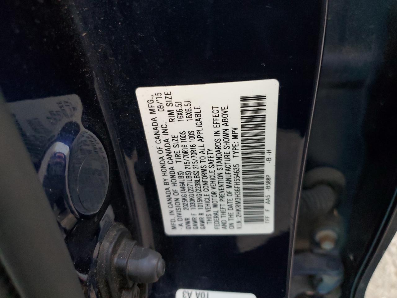 2015 Honda Cr-V Lx VIN: 2HKRM3H36FH554635 Lot: 92535415