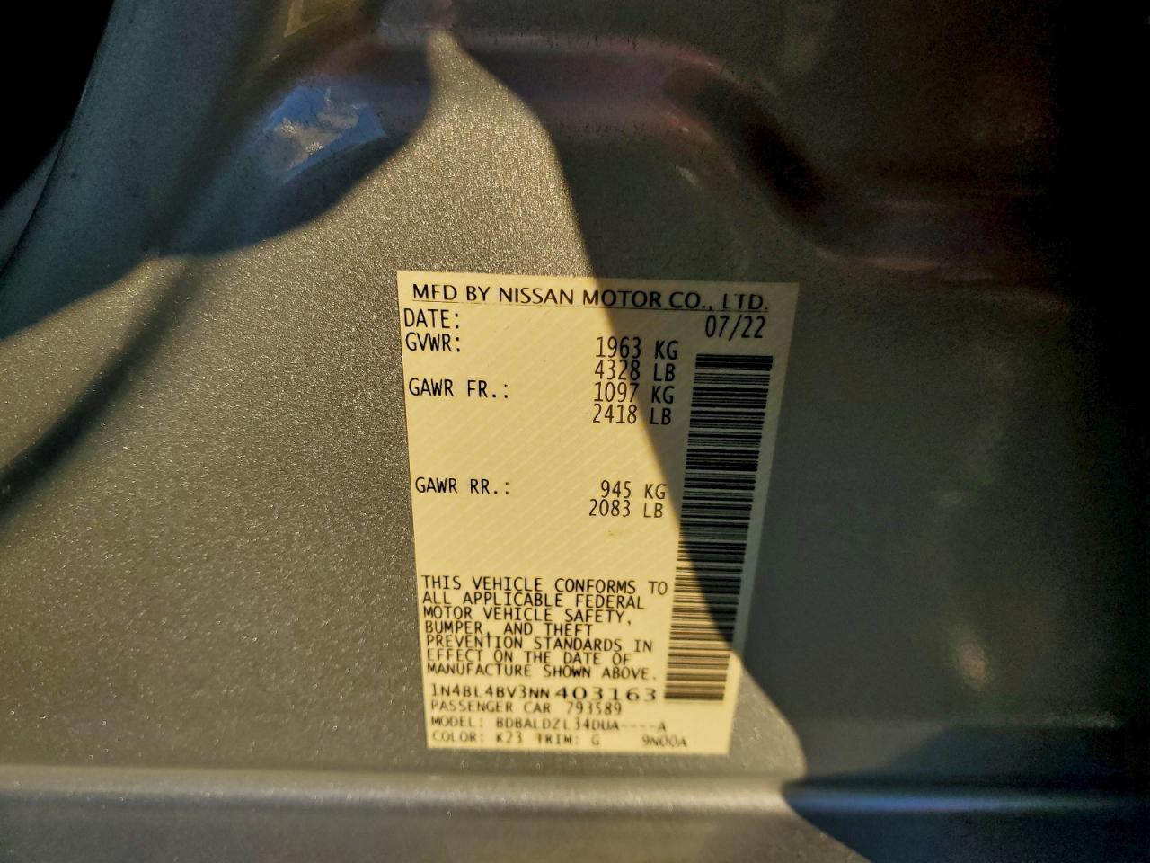 2022 Nissan Altima S VIN: 1N4BL4BV3NN403163 Lot: 94301325