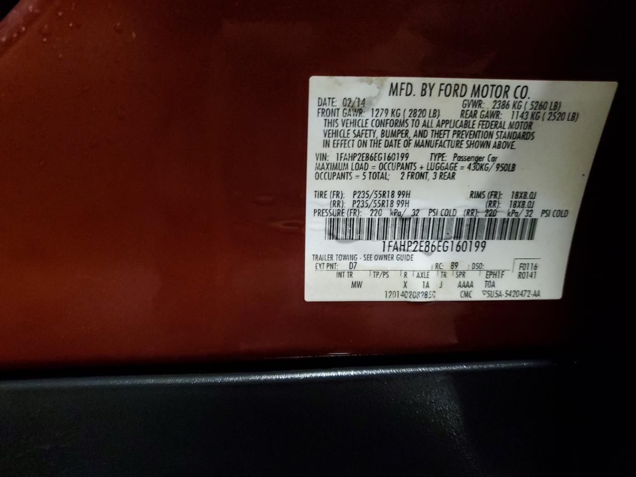 2014 Ford Taurus Sel VIN: 1FAHP2E86EG160199 Lot: 91834745