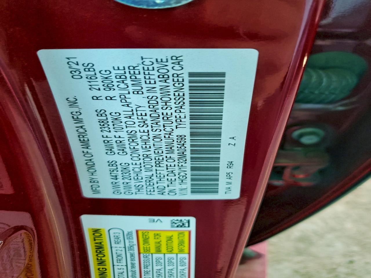 2021 Honda Accord Sport VIN: 1HGCV1F32MA054598 Lot: 94039335