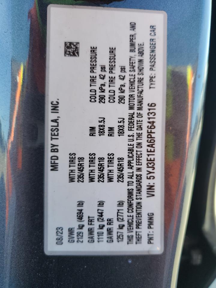 2023 Tesla Model 3 VIN: 5YJ3E1EA6PF641316 Lot: 91572085