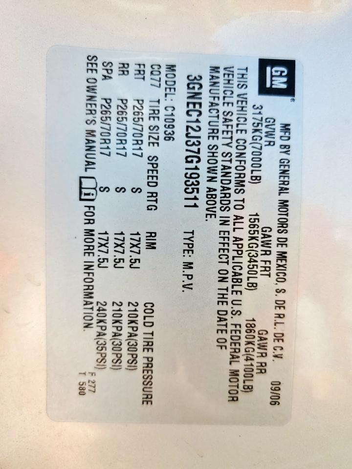 2007 Chevrolet Avalanche C1500 VIN: 3GNEC12J37G193511 Lot: 92468875