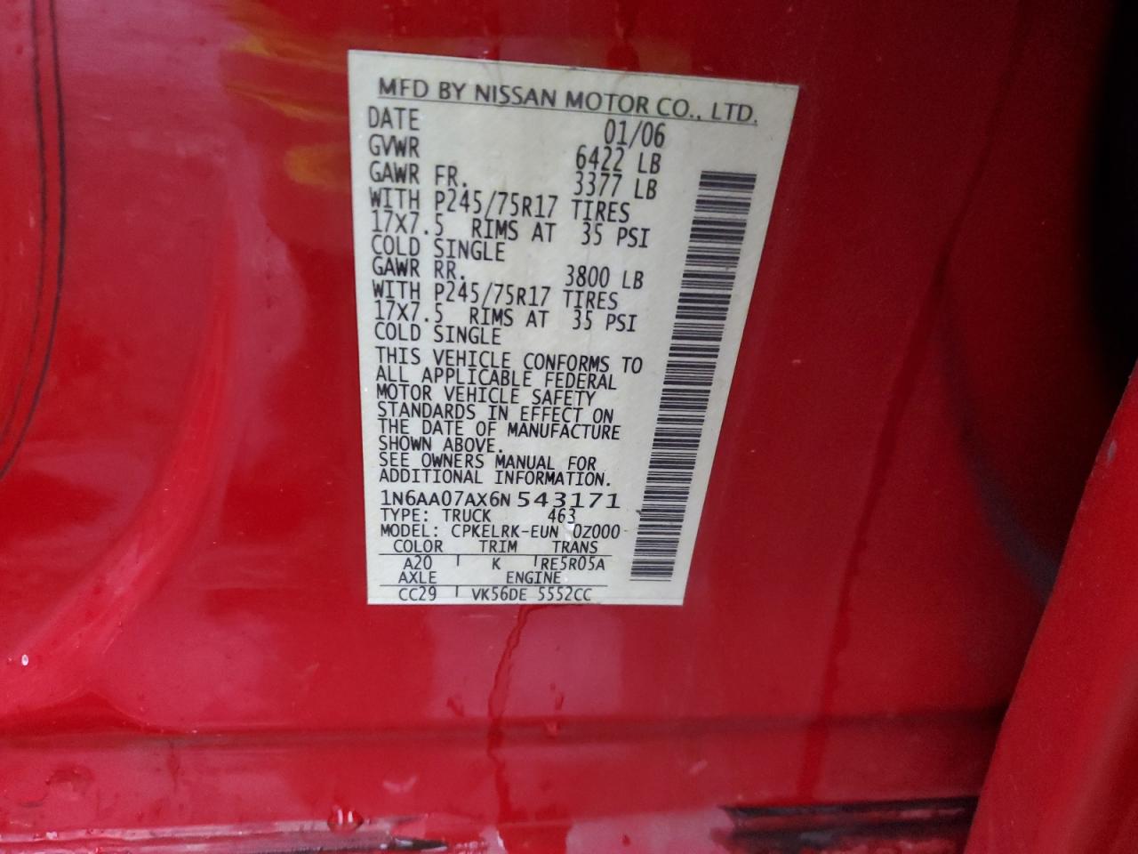 2006 Nissan Titan Xe VIN: 1N6AA07AX6N543171 Lot: 93381255