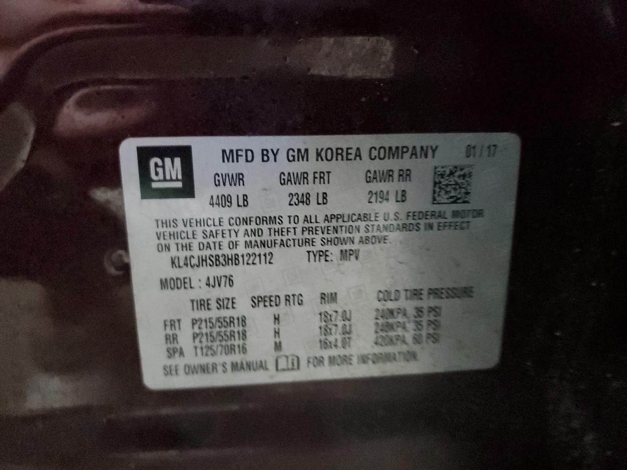 2017 Buick Encore Premium VIN: KL4CJHSB3HB122112 Lot: 93095515