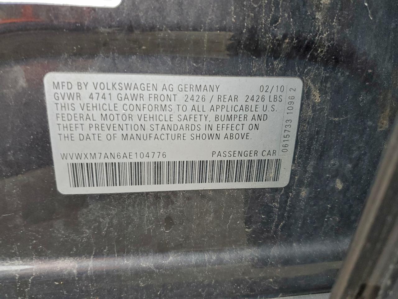 2010 Volkswagen Passat Komfort VIN: WVWXM7AN6AE104776 Lot: 93528245