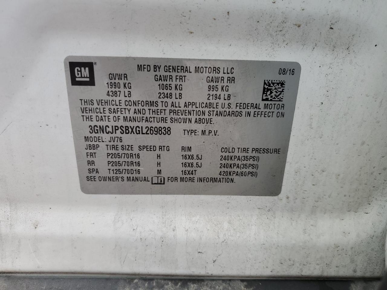 2016 Chevrolet Trax 1Lt VIN: 3GNCJPSBXGL269838 Lot: 92997635