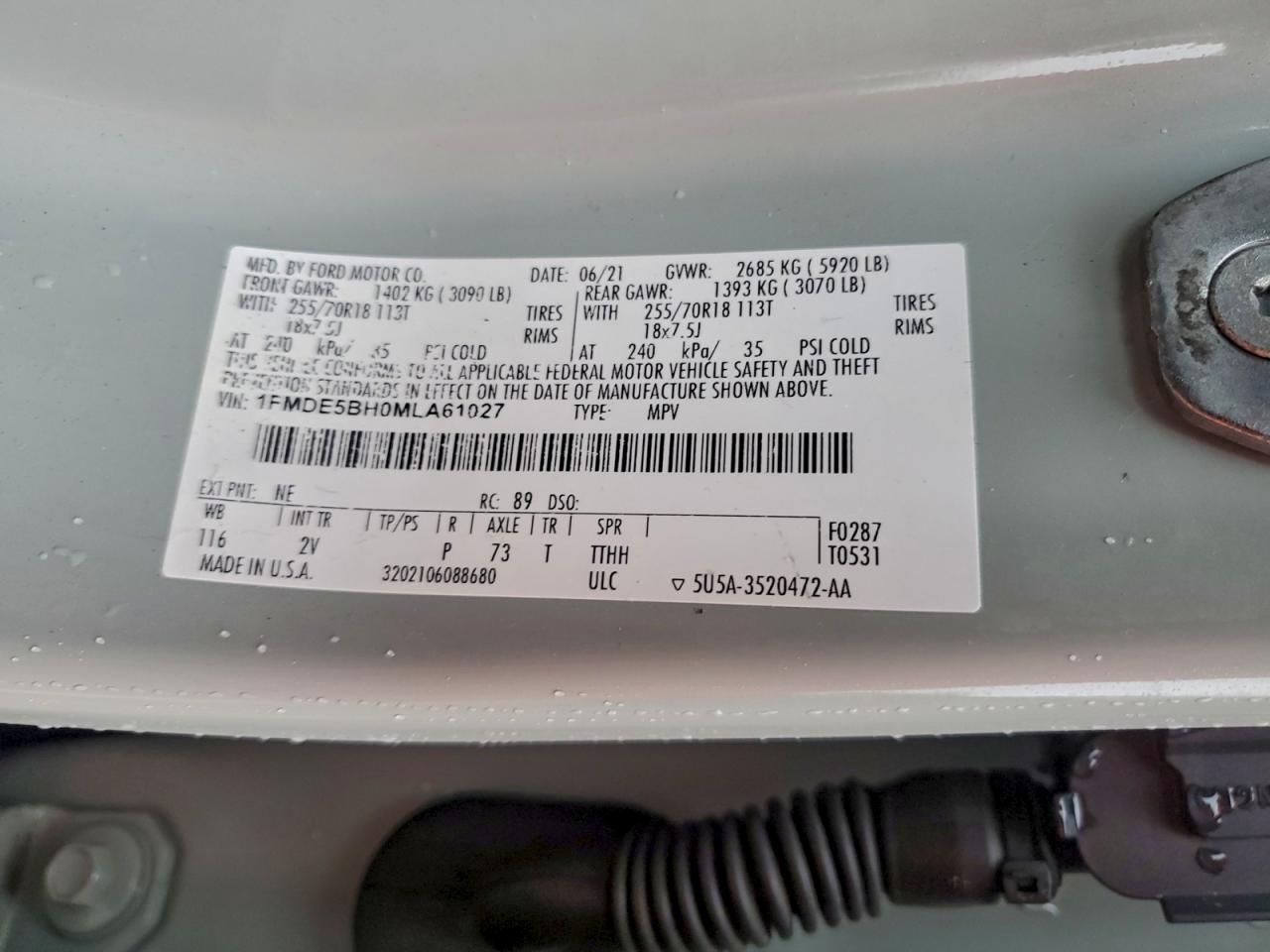 2021 Ford Bronco Base VIN: 1FMDE5BH0MLA61027 Lot: 93951725