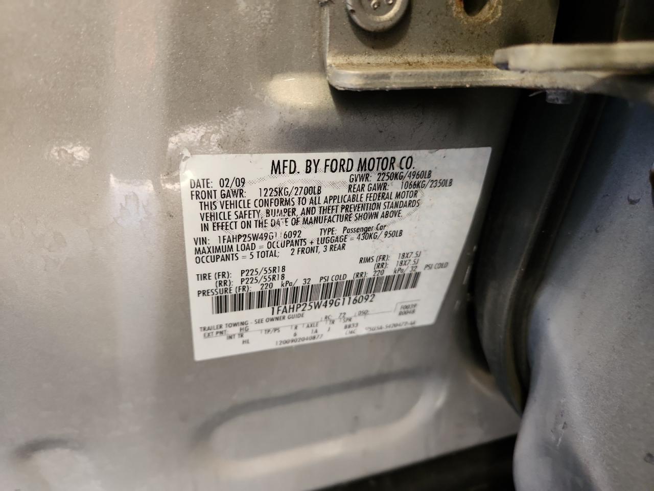 2009 Ford Taurus Limited VIN: 1FAHP25W49G116092 Lot: 92419205