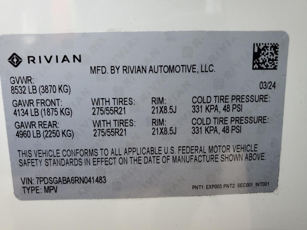 2024 Rivian R1S Adventure VIN: 7PDSGABA6RN041483 Lot: 92080525