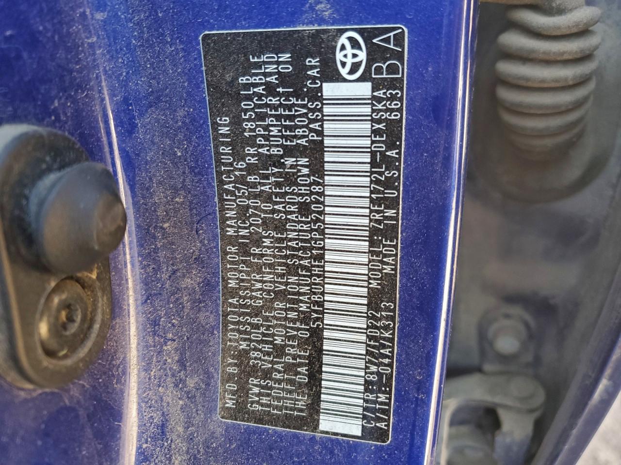 2016 Toyota Corolla L VIN: 5YFBURHE1GP520287 Lot: 94303515