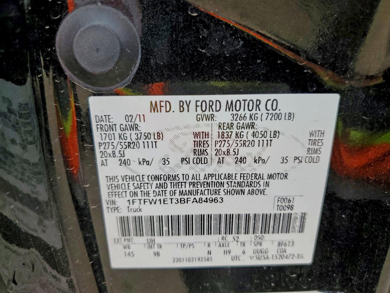 2011 Ford F150 Supercrew VIN: 1FTFW1ET3BFA84963 Lot: 94127025