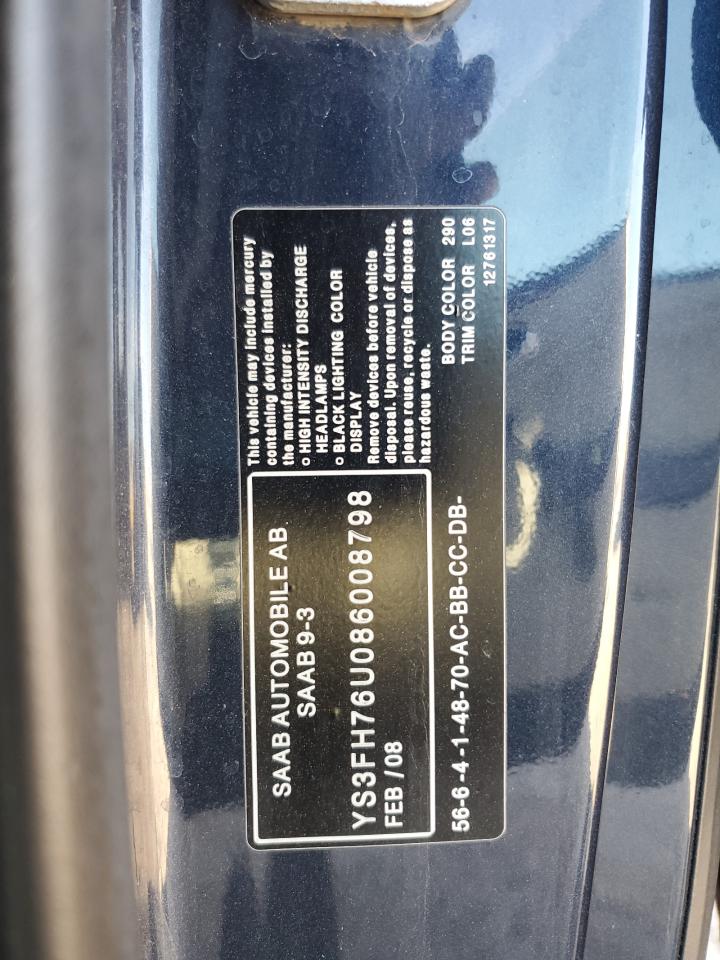 2008 Saab 9-3 Aero VIN: YS3FH76U086008798 Lot: 90917885