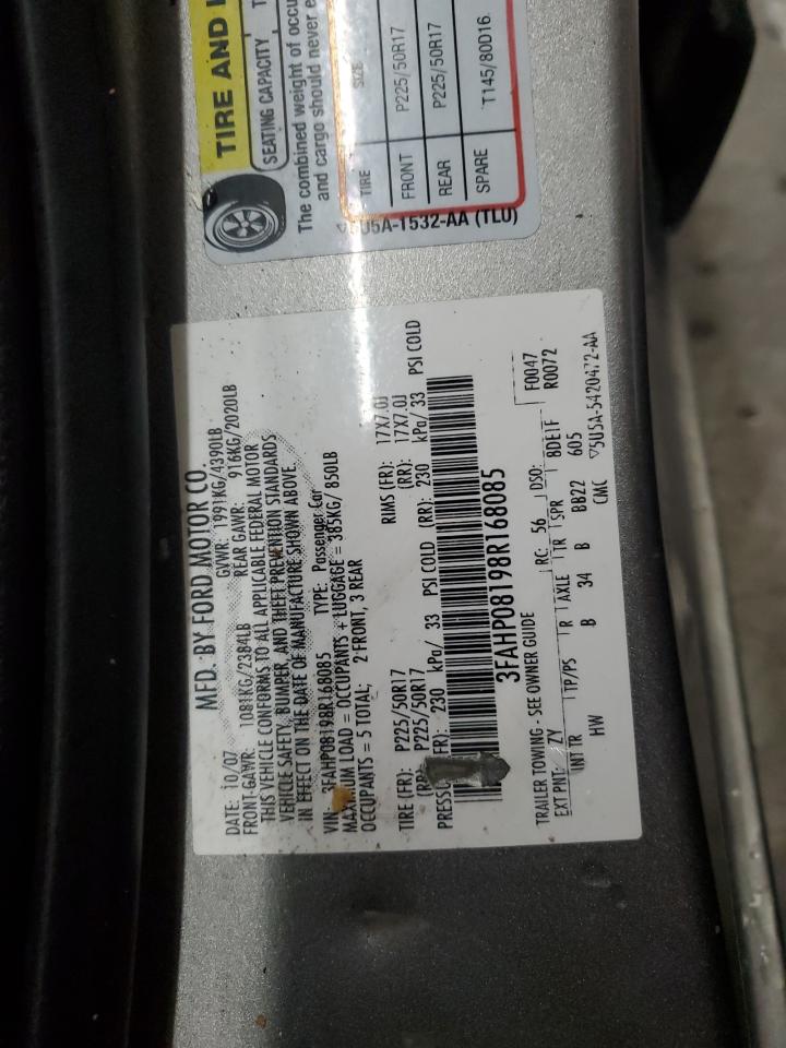 2008 Ford Fusion Sel VIN: 3FAHP08198R168085 Lot: 92828695