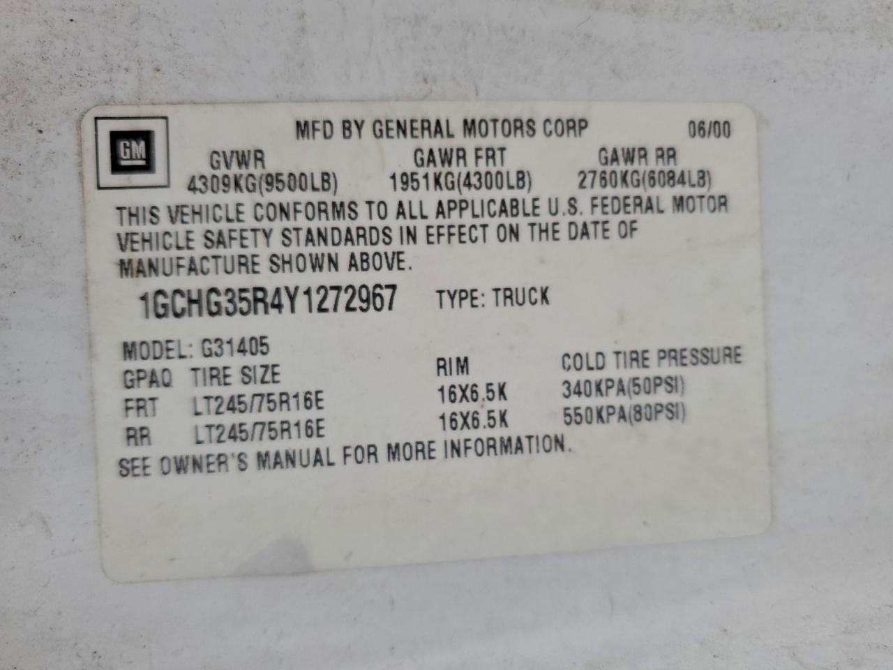 2000 Chevrolet Express G3500 VIN: 1GCHG35R4Y1272967 Lot: 92902795
