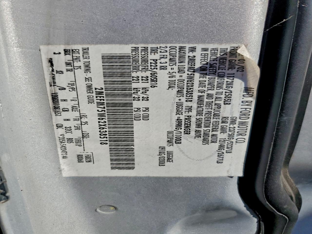 2002 Mercury Grand Marquis Ls VIN: 2MEFM75W62X638518 Lot: 92668025