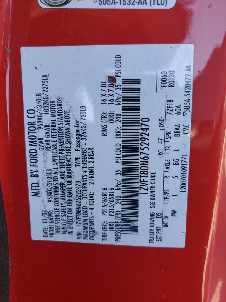 2007 Ford Mustang VIN: 1ZVFT80N675292470 Lot: 91430135