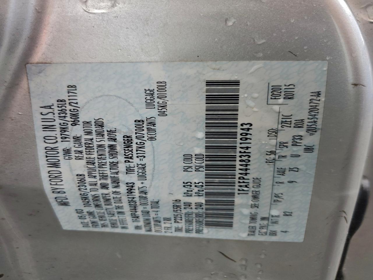 2003 Ford Mustang VIN: 1FAFP44483F419943 Lot: 94193385