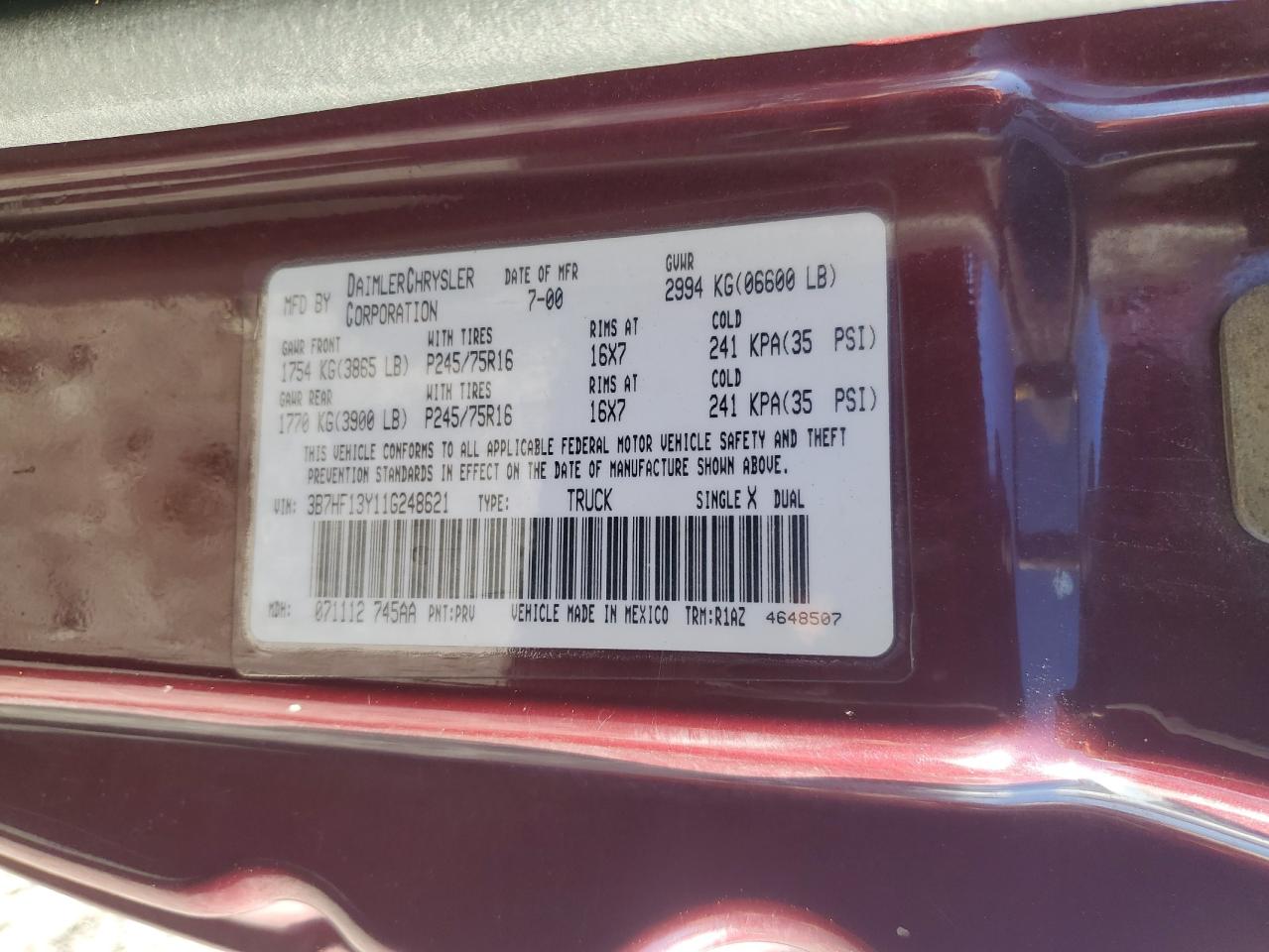 2001 Dodge Ram 1500 VIN: 3B7HF13Y11G248621 Lot: 92878595